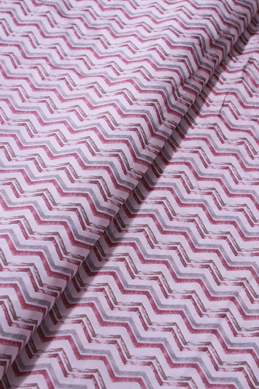 Mystic Pink And Brown Chevron Print On Pastel Pink Viscose Chanderi Silk Fabric
