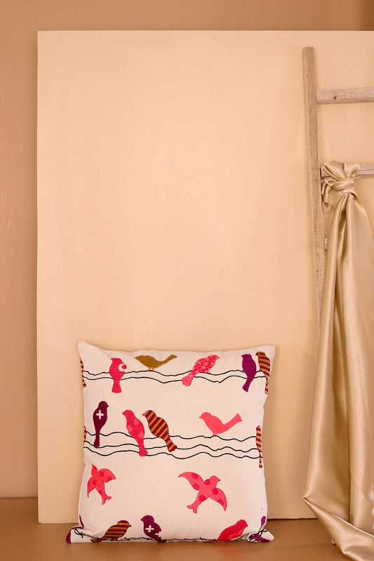 Natural Birds Embroidery on off white cotton Cushion Cover (16*16 inches)