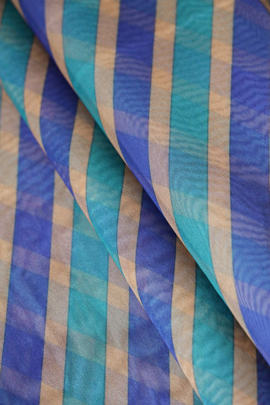 Navy Blue And Sky Blue Stripes Digital Print On Organza Fabric