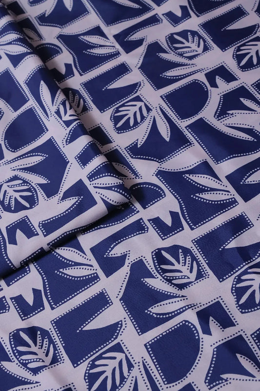 Navy Blue And White Geometric Pattern Digital Print On French Crepe Fabric