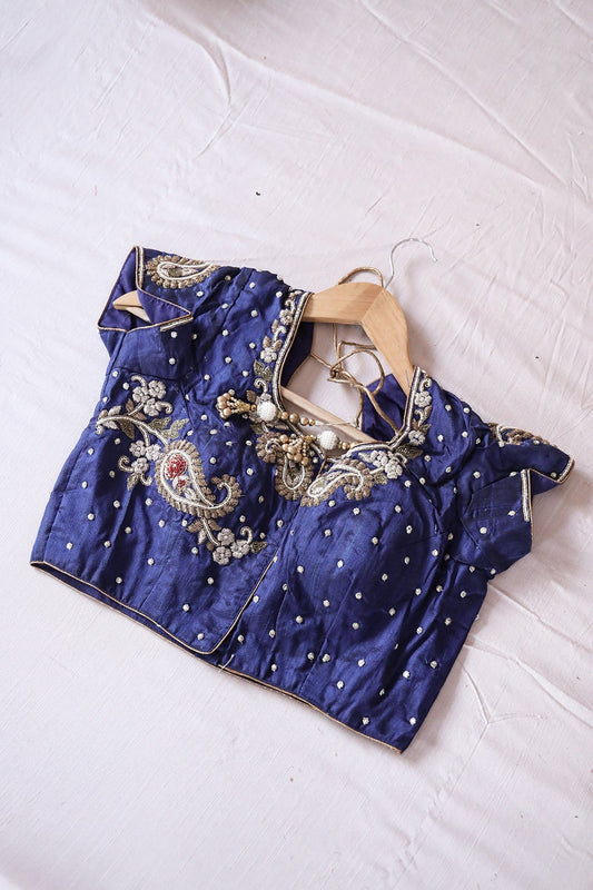 Navy Blue Hand Work Embroidery Raw Silk Stitched Blouse