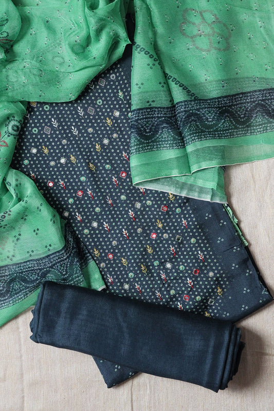 Navy Blue Semi Stitched Pure Muslin Suit Set (3 piece)