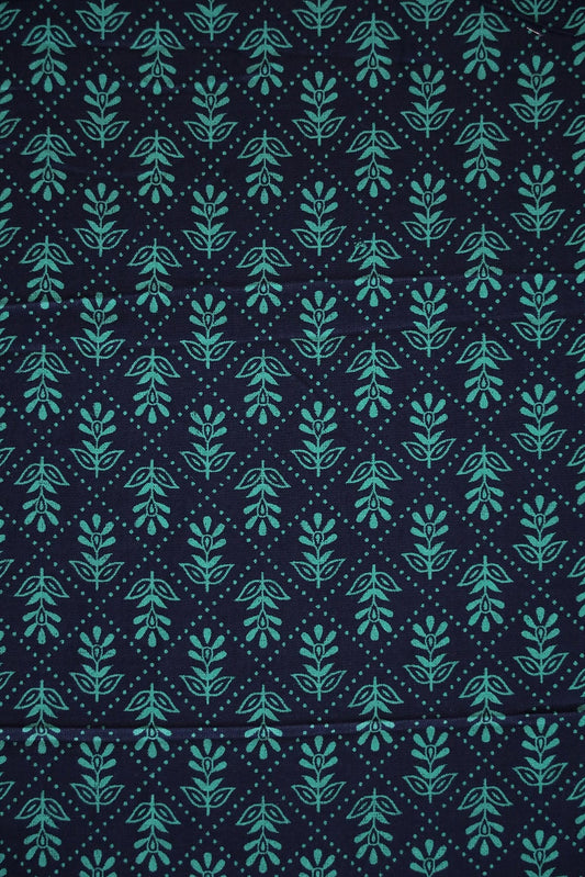 Navy Blue Small Floral Booti Pattern Screen Print on cotton Rayon Fabric