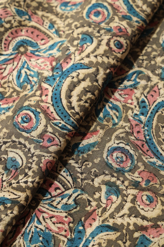 Olive And Light Beige Floral Pattern Handblock Kalamkari Organic Cotton Fabric