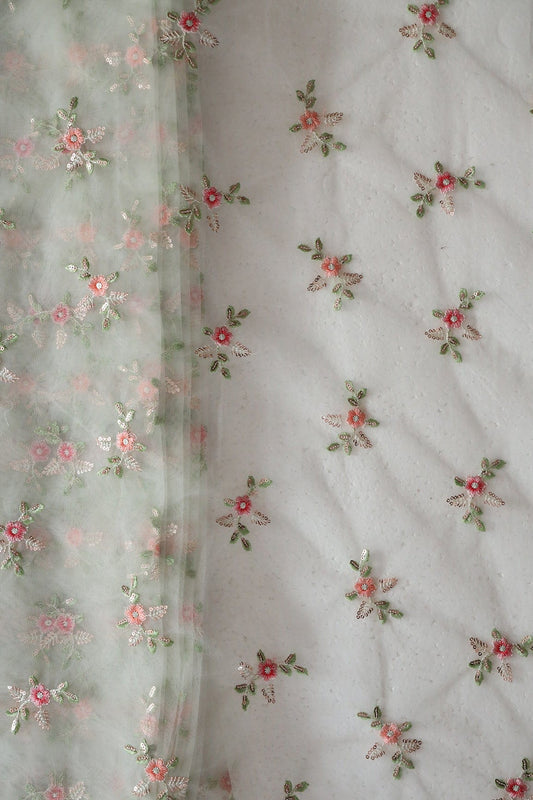 Olive And Pink Thread With Gold Sequins Floral Butta Embroidery On Pastel Olive Soft Net Fabric