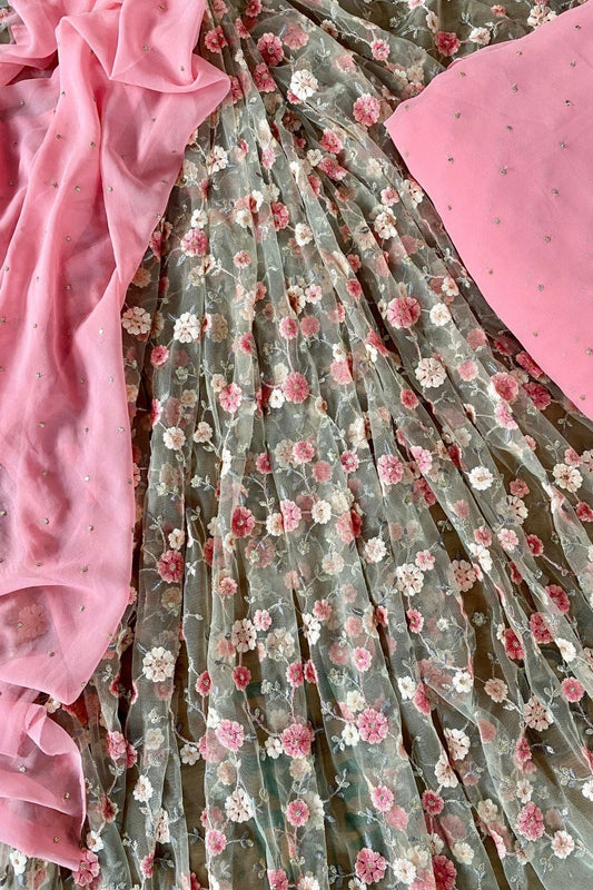 Olive And Pink Unstitched Lehenga Set Fabric (3 Piece)