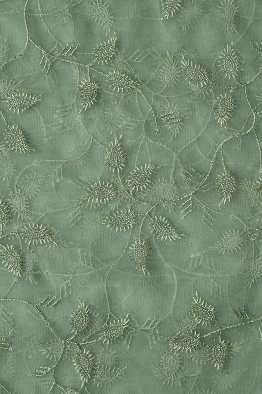 Olive Thread With Water Sequins Leafy Embroidery On Olive Soft Net Fabric