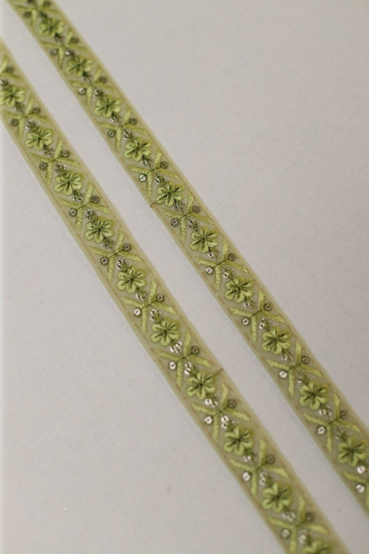 Olive Thread Work With Gold Sequins Embroidered Lace (9 Meters)