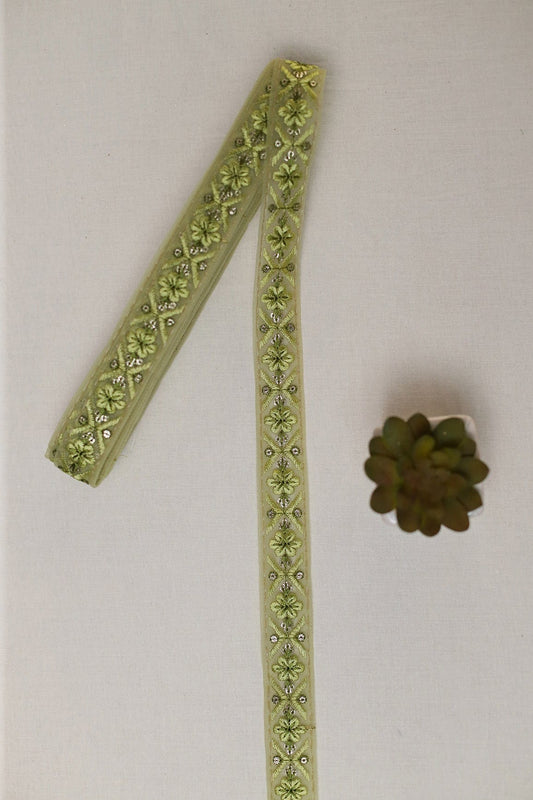 Olive Thread Work With Gold Sequins Embroidered Lace (9 Meters)