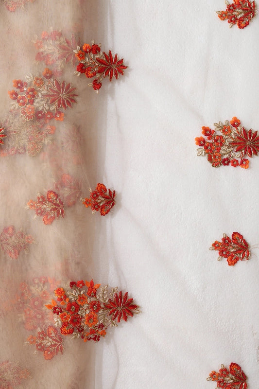 Orange And Beige Thread With Gold Zari Floral Butta Embroidery On Beige Soft Net Fabric
