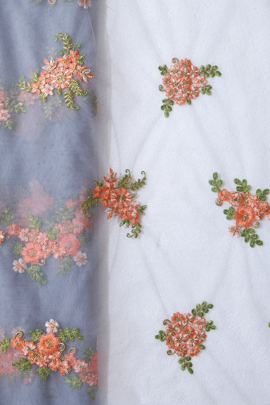 Orange And Olive Thread With Gold Sequins Floral Embroidery On Grey Soft Net Fabric