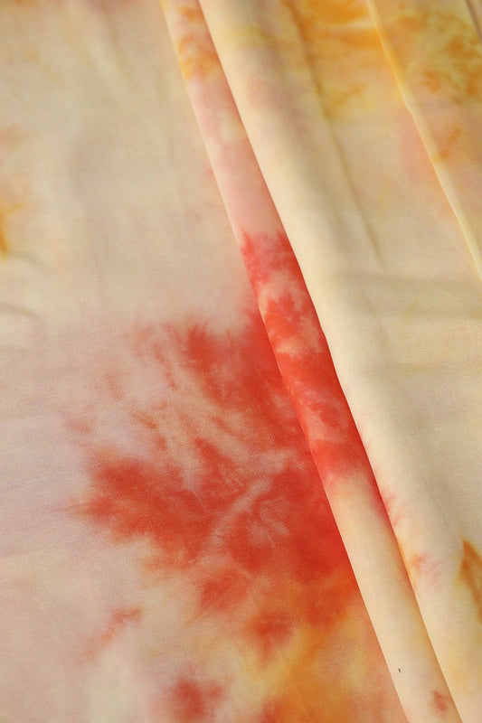 Orange And Pastel Yelllow Tie & Dye Shibori Print On Viscose Georgette Fabric