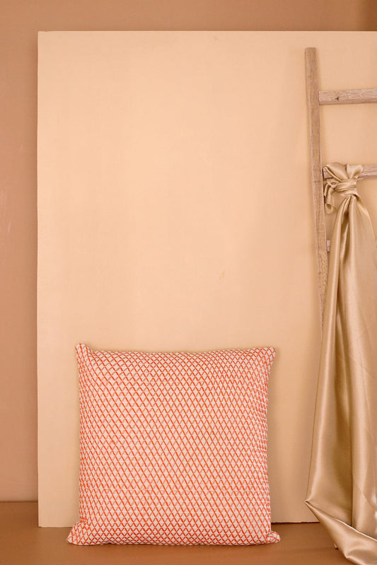 Orange and Peach Embroidery on off white cotton Cushion Cover (16*16 inches)