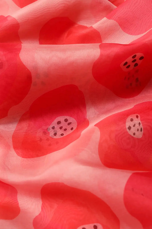 Orange And Pink Quirky Pattern Digital Print On Organza Fabric