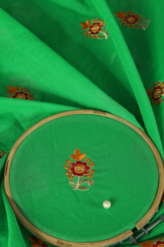 Orange And Red Floral Booti Zari Embroidery Work On Green Chanderi Fabric