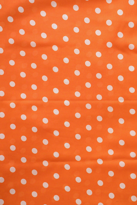 Orange And White Polka Dots Pattern Digital Print On Georgette Satin Fabric