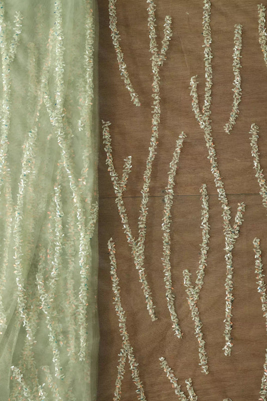 Oval Sequins Geometric Embroidery Work On Olive Soft Net Fabric