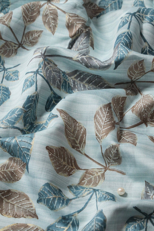 Pastel Blue And Brown Leafy Foil Print On Viscose Chanderi Silk Fabric