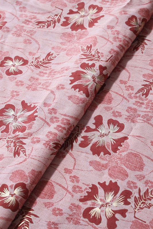 Pastel Pink And Brick Red Floral Foil Print On Viscose Chanderi Silk Fabric
