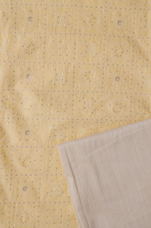 Pastel Yellow And Beige Organic Cotton Unstitched Suit Set (2 Piece)
