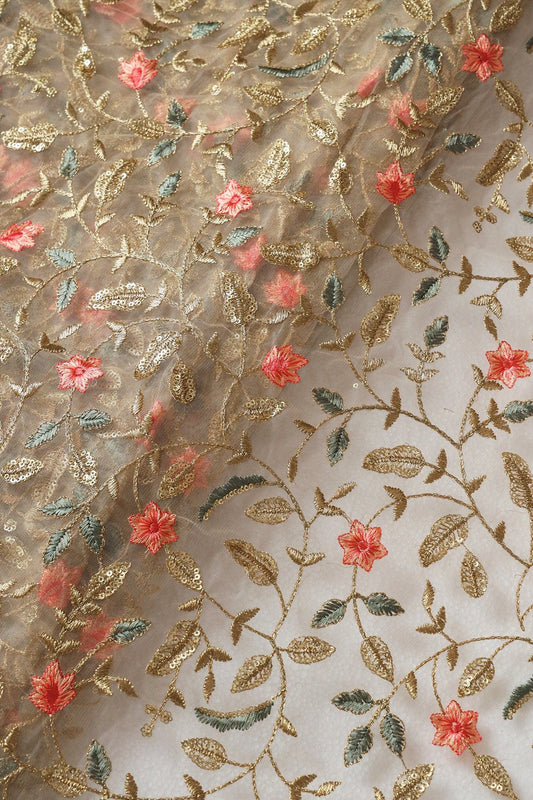 Peach And Beige Thread With Gold Sequins Floral Heavy Embroidery Work On Beige Soft Net Fabric