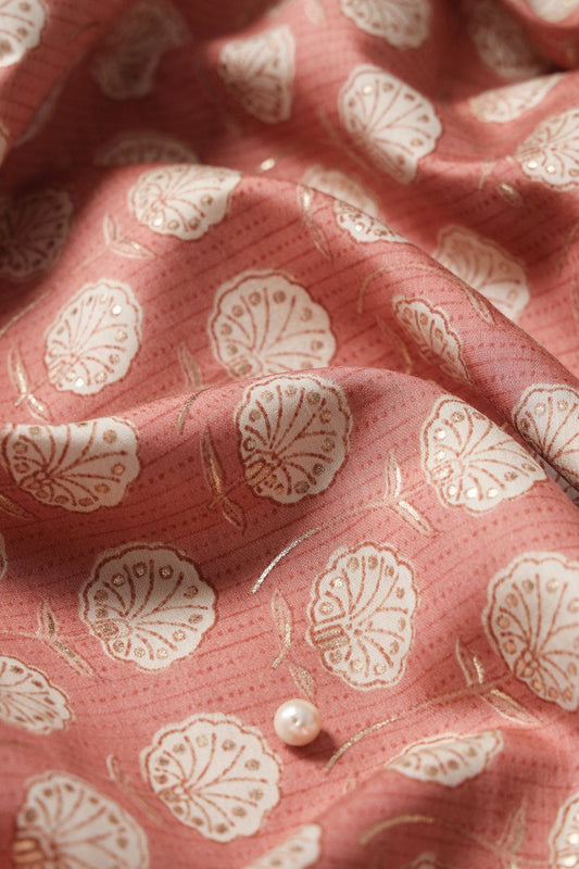 Peach And Cream Floral Foil Print On Viscose Chanderi Silk Fabric