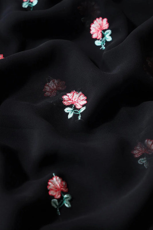 Peach And Green Small Floral Booti Embroidery On Black Georgette Fabric