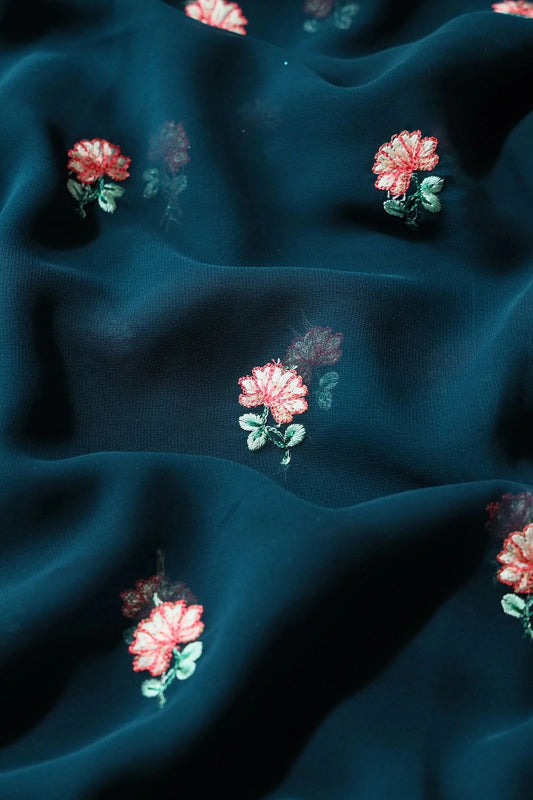 Peach And Green Small Floral Booti Embroidery On Prussian Blue Georgette Fabric