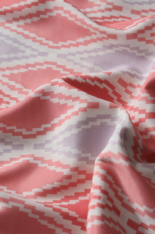 Peach And Light Lavender Ikat Pattern Digital Print On French Crepe Fabric
