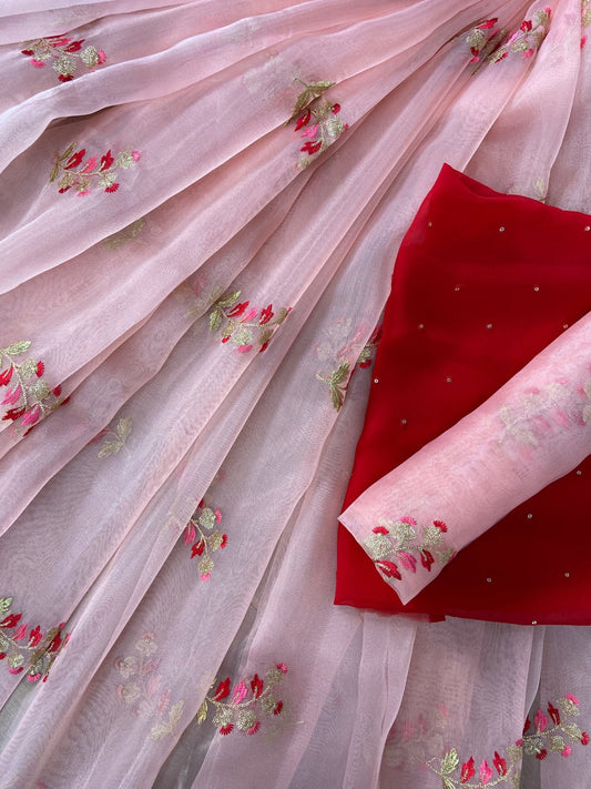 Peach And Red Unstitched Lehenga Set Fabric (3 Piece)