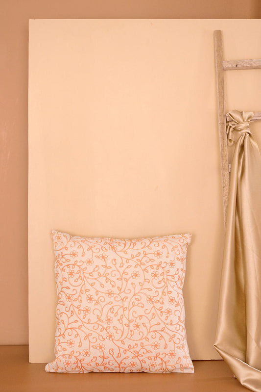 Peach Colour Floral Embroidery on Off White cotton Cushion Cover (16*16 inches)