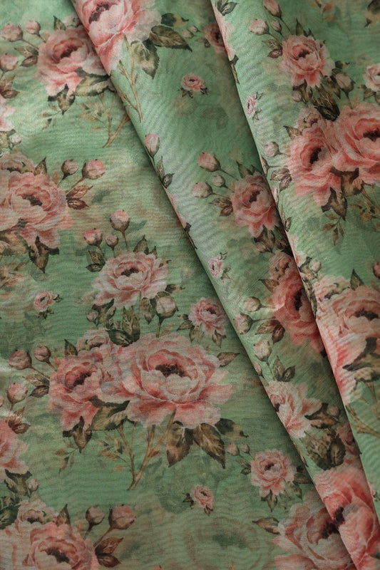 Peach Floral Digital Print On Parrot Green Organza Fabric