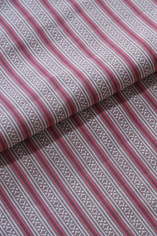 Pink And Beige Stripes Print On Viscose Chanderi Silk Fabric