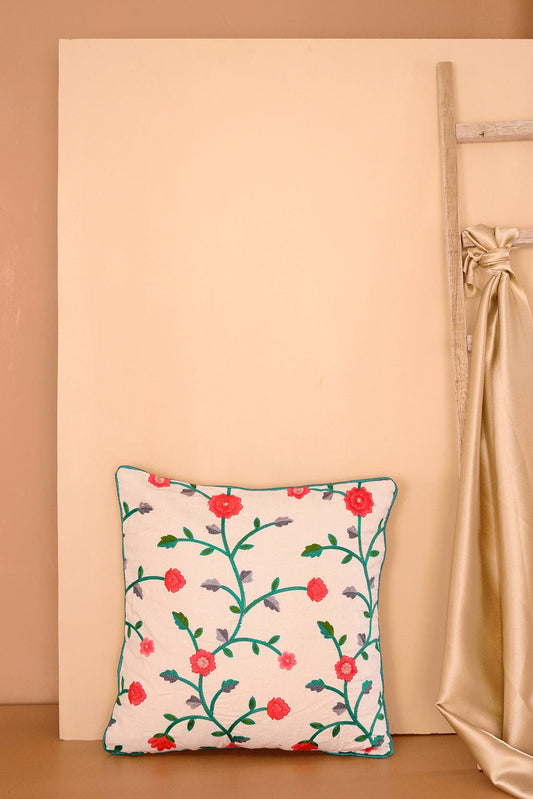 Pink and Green Floral Embroidery on Off White cotton Cushion Cover (16*16 inches)