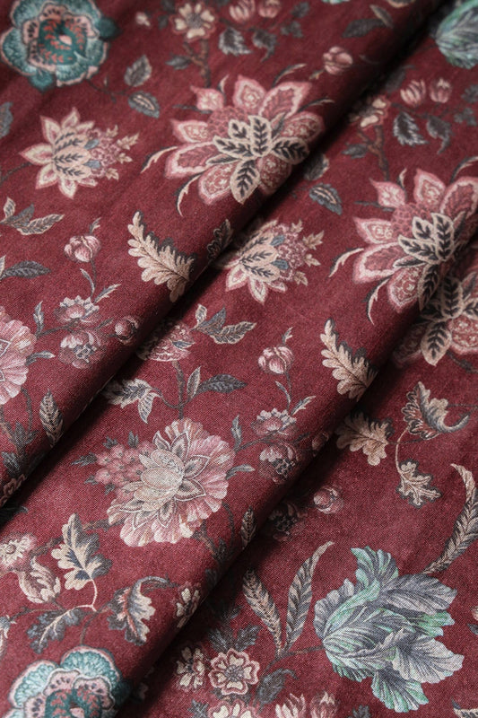 Pink And Grey Floral Pattern Digital Print On Maroon Mulberry Silk Fabric