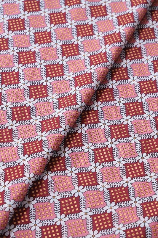 Pink And Maroon Checks Pattern Digital Print On French Crepe Fabric