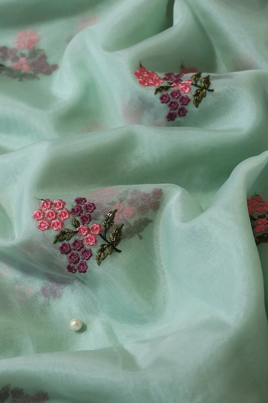 Pink And Mauve Thread With Sequins Floral Embroidery Work On Olive Organza Fabric