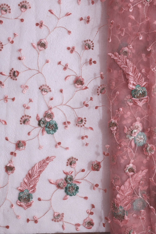 Pink And Olive Thread With Gold Zari Floral Embroidery On Pink Soft Net Fabric