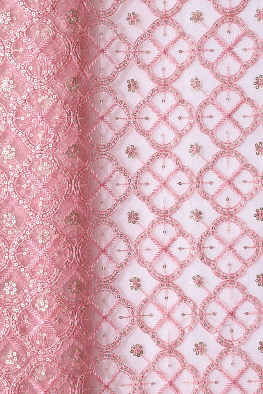 Pink Thread With Gold Sequins Geometric Embroidery On Pink Soft Net Fabric