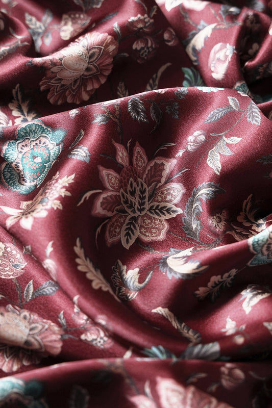 Multi Color Floral Pattern Digital Print On Maroon Satin Fabric