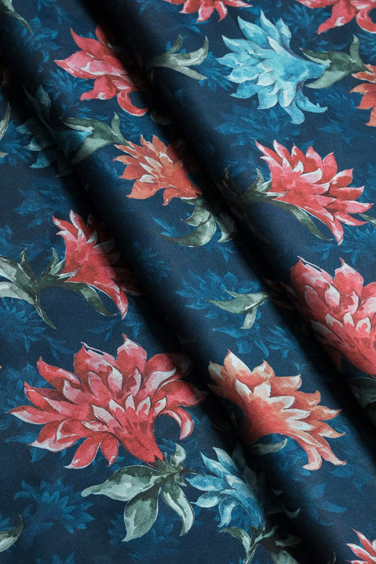 Multi Color Floral Pattern Digital Print On Prussian Blue Color Georgette Satin Fabric