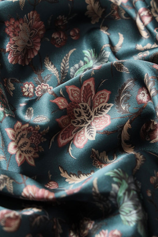 Multi Color Floral Pattern Digital Print On Teal Blue Satin Fabric