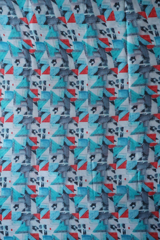 Sky Blue And Red Geometric Pattern Digital Print On Georgette Satin Fabric