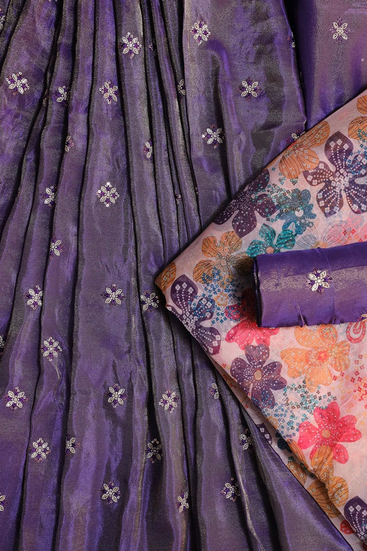 Purple And White Unstitched Lehenga Set Fabric (3 Piece)