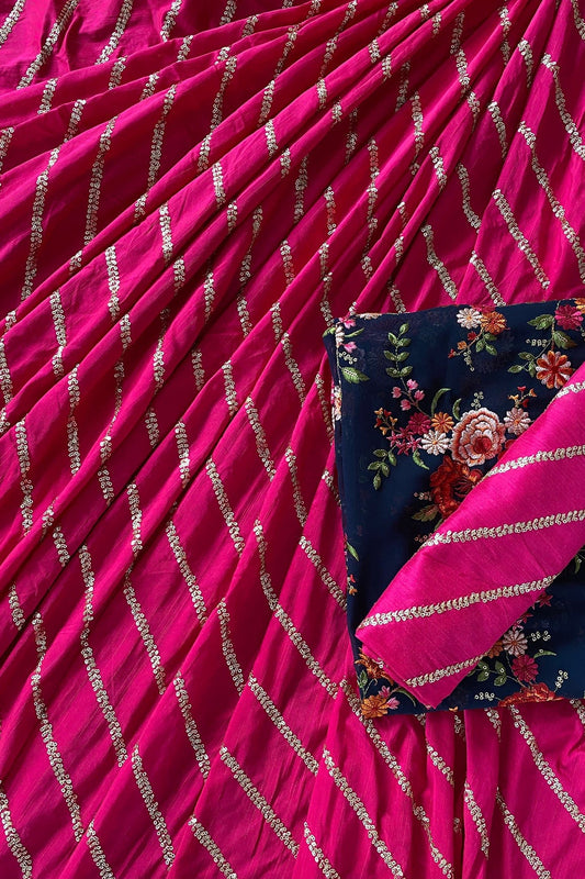 Rani and Navy Blue Unstitched Lehenga Set Fabric (3 Piece)