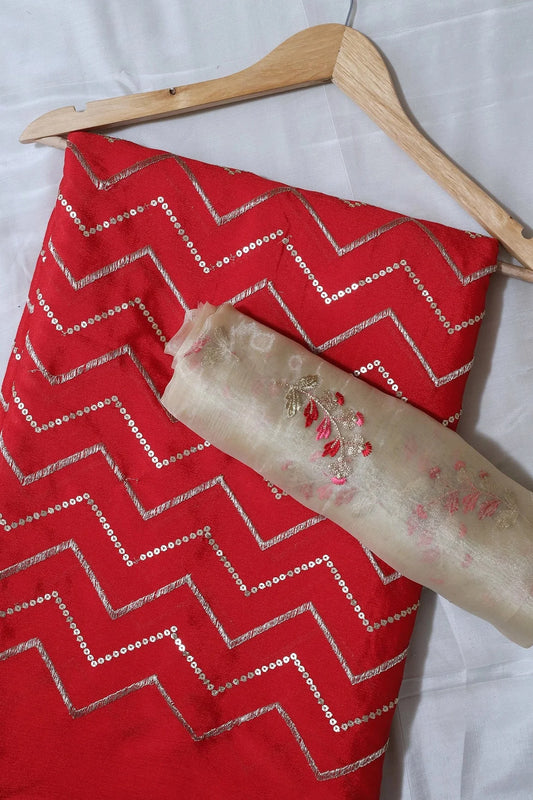 Red And Beige Saree Set (2 Piece)