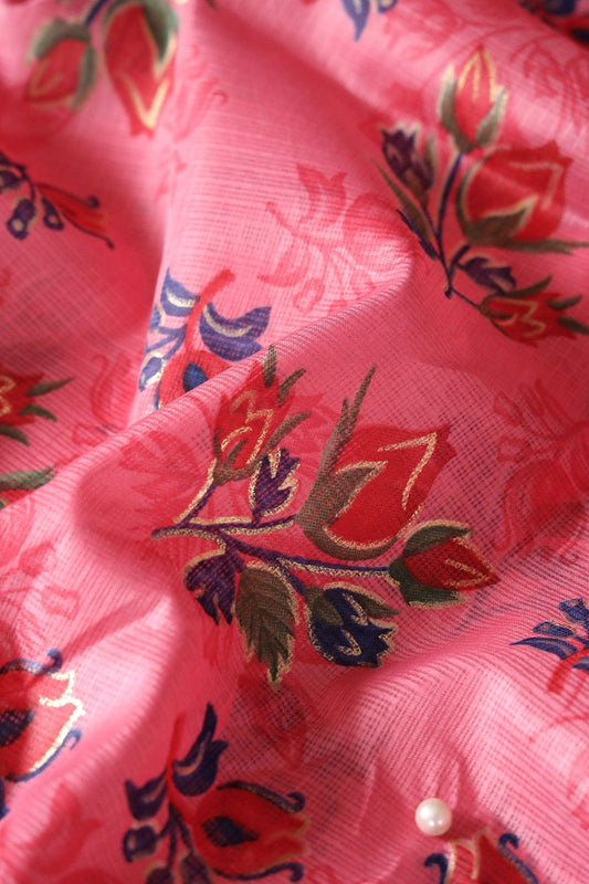 Red And Green Floral Pattern Foil Print On Gajri Pink Kota Doria Fabric
