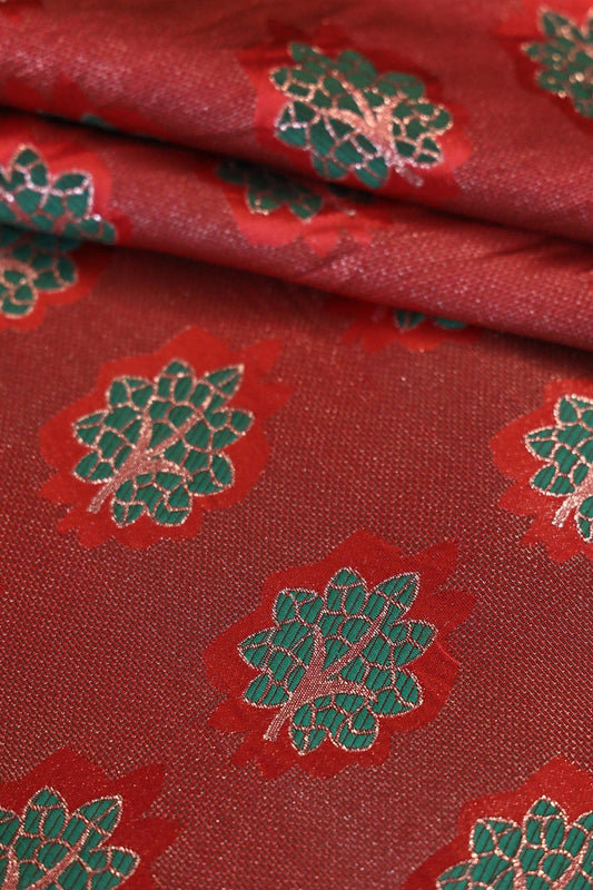 Red And Green Leafy Jute Banarasi Zari Jacquard Fabric