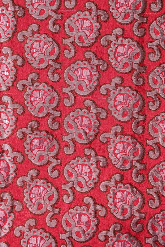 Red And Grey Floral Silk Satin Jute Banarasi Jacquard Fabric