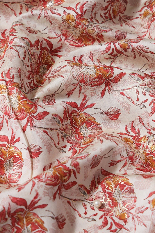 Red And Mustard Floral Foil Print On Off White Viscose Chanderi Silk Fabric